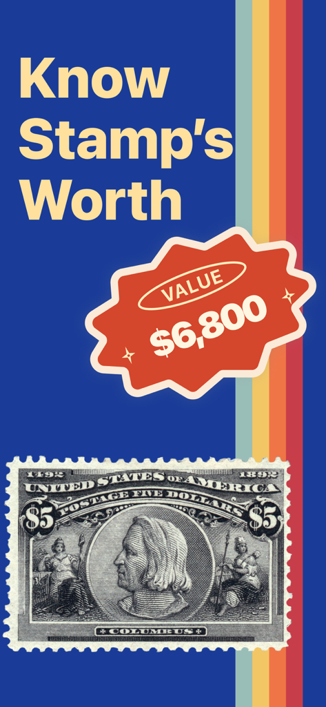 PhilSnap: Stamp ID & Values - Promotional graphic for PhilSnap showing a vintage US postage stamp and an estimated value of 6800 dollars