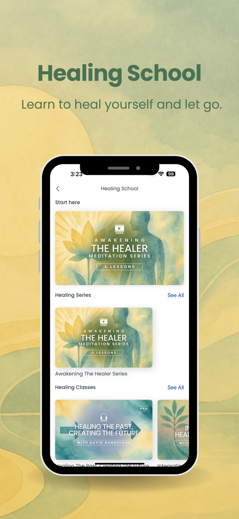 Meditation School Inc. - Meditation School app interface showing spiritual healing meditation courses and series.