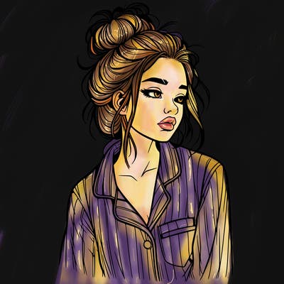 realistic woman with pajamas on and a messy bun
