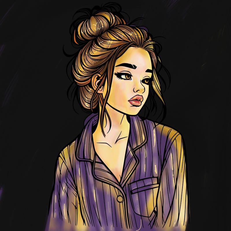 realistic woman with pajamas on and a messy bun