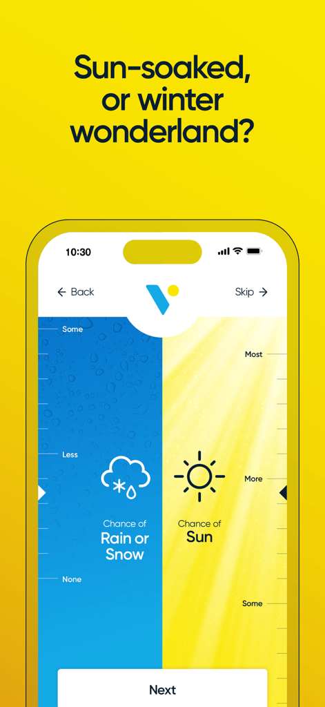 Vacay Weather - Interfaz de la aplicación Vacay Weather para seleccionar preferencias de sol o nieve