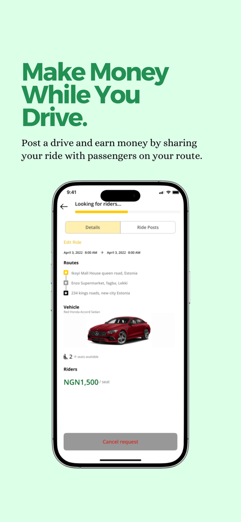 Rideshare NG - Smartphone screen showing the Rideshare NG app interface for drivers to post a ride and earn money by sharing seats on their commute.