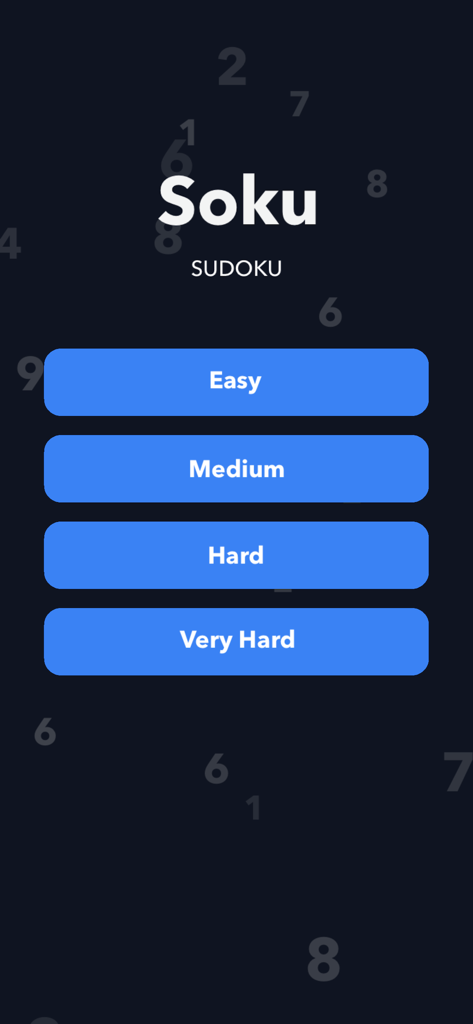 Soku - Sudoku Classic - Soku Sudoku Classic main menu showing difficulty levels Easy Medium Hard and Very Hard