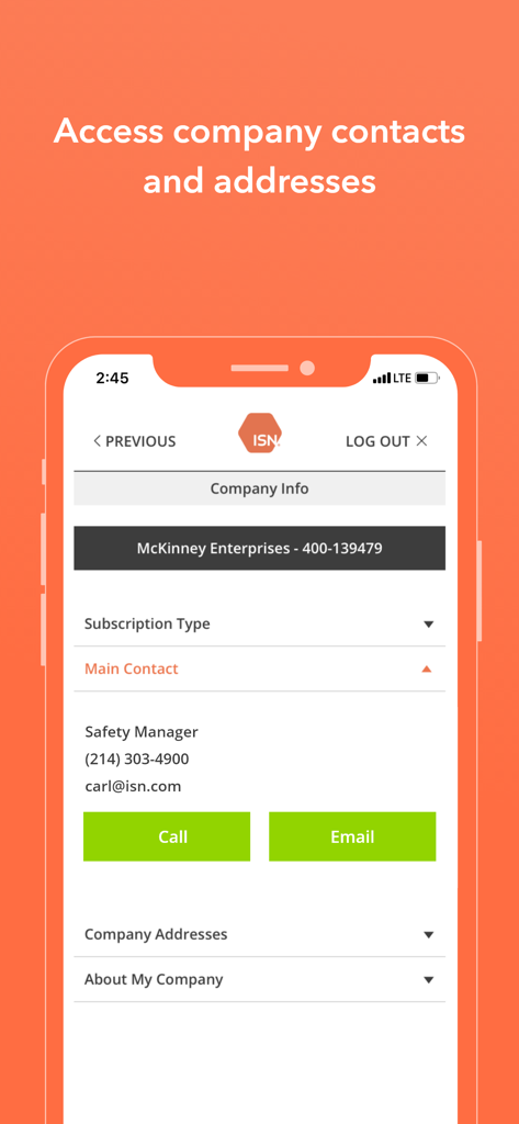 ISNetworld - ISNetworld mobile app screen displaying company contact information including safety manager phone and email details