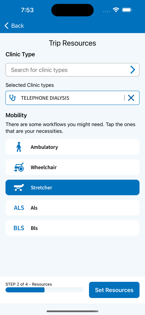 VetRide Passenger - VetRide Passenger app interface showing trip resource selection for clinic type and mobility options.