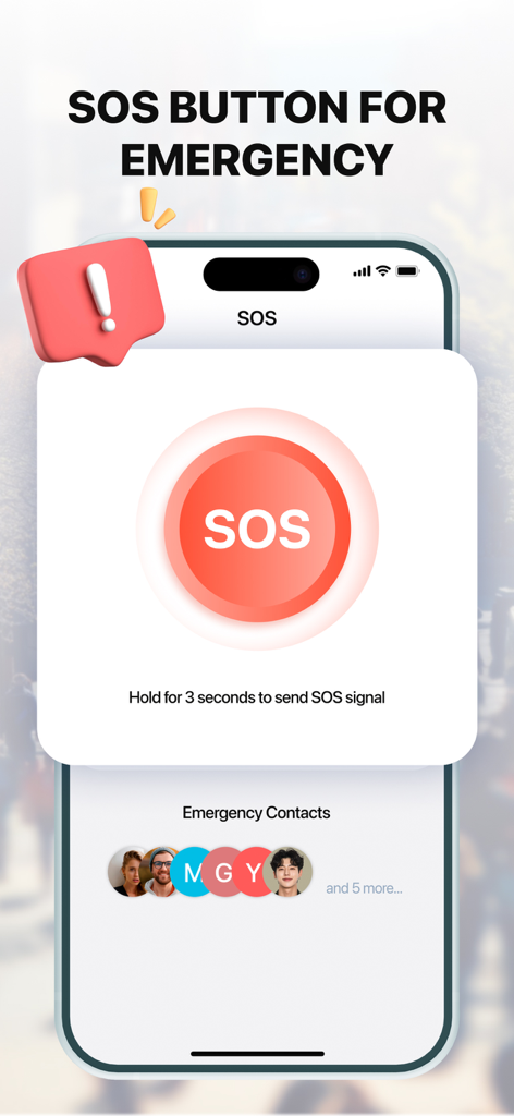 Interface de aplicativo móvel mostrando um grande botão vermelho de SOS de emergência e lista de contatos de emergência.
