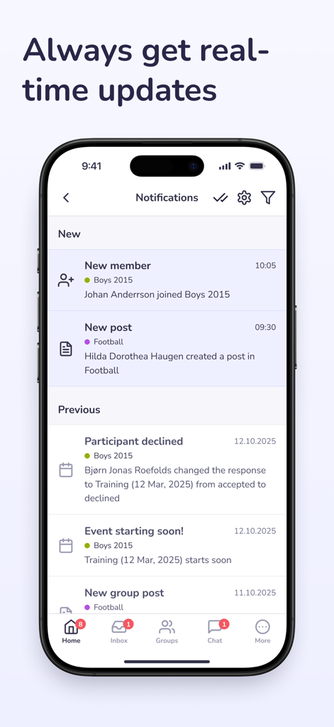 A smartphone screen showing real-time notifications in the Hoopit app for sports team updates like new members and training events