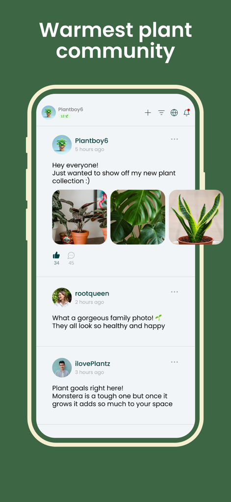 Plant ID ~ Identify Plants - Plant ID app social community feed where users share photos and tips about indoor plants