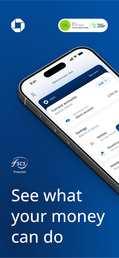 Chase UK - Mobile phone displaying the Chase UK banking app dashboard with current and savings accounts.