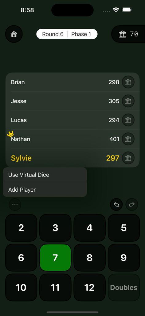 Bank - A Dice Game - Multiplayer scoreboard and gameplay interface for Bank - A Dice Game showing player rankings and a numeric keypad.