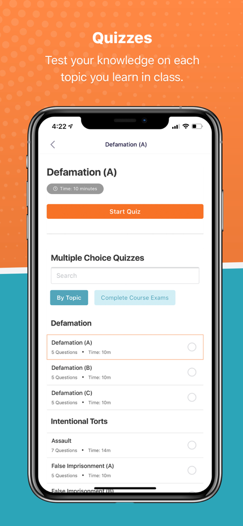 StudyBuddy Proアプリのインターフェースに、名誉毀損や意図的な不法行為などのトピックに関する多肢選択式ロースクールクイズのリストが表示されています。