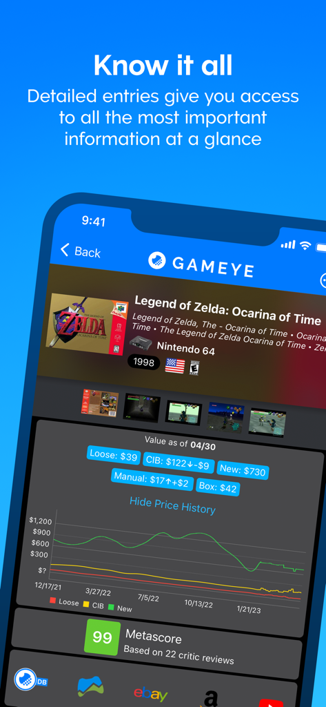 GAMEYE app screen showing price trends and collection data for Legend of Zelda Ocarina of Time on Nintendo 64
