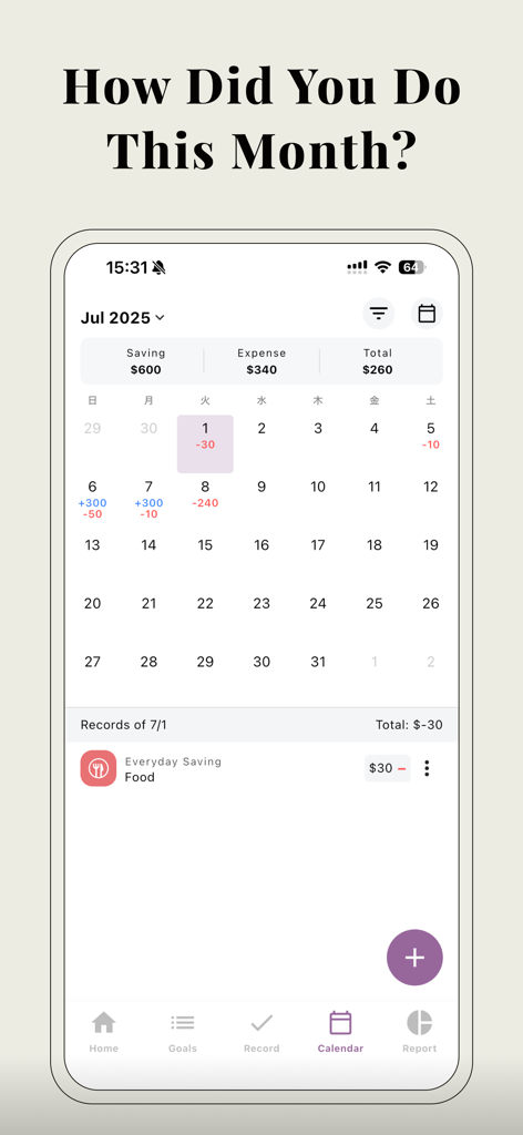 SaveNote-Goal based Budgeting - Monthly calendar view in SaveNote app showing daily savings and expenses with monthly totals.