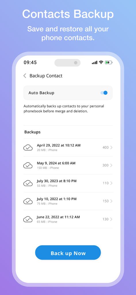 iPhone screen displaying the contacts backup feature with auto backup enabled and a list of previous backups.