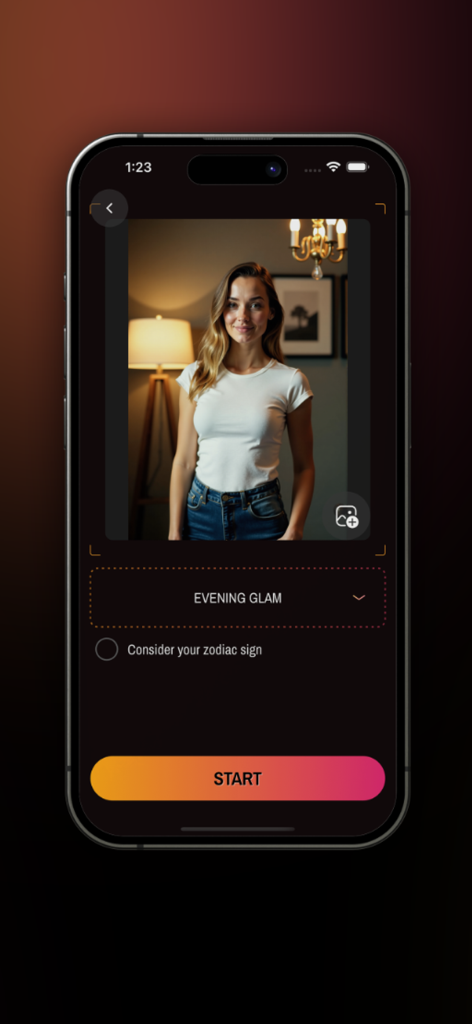 A screenshot of the Look Swap Me app interface showing a portrait photo with the Evening Glam style selected and a Zodiac sign option.
