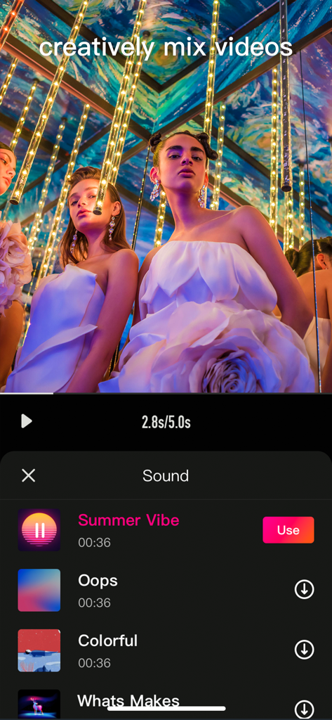 Interfaz de editor de video móvil mostrando un menú de selección de música para un video de redes sociales