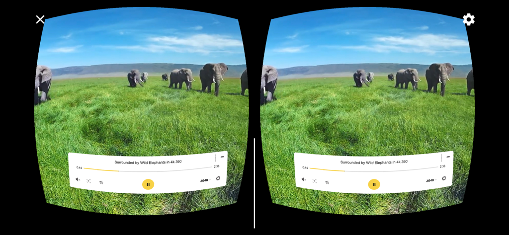GizmoVR Lite: 360 Video & Tube - Interfaz de GizmoVR Lite mostrando un video 360 4K en modo pantalla dividida de cartón VR