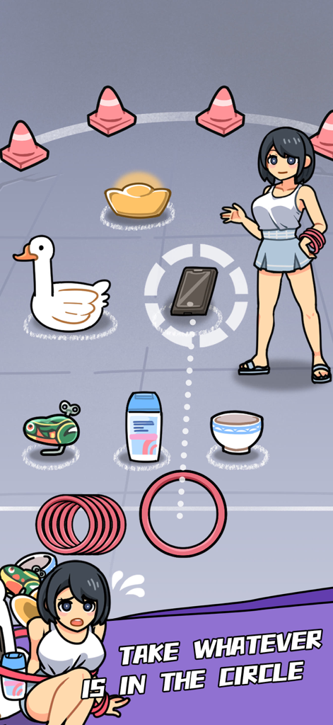 A puzzle level in the Brain Baits app where a player uses a red ring to catch items like a goose and a phone.