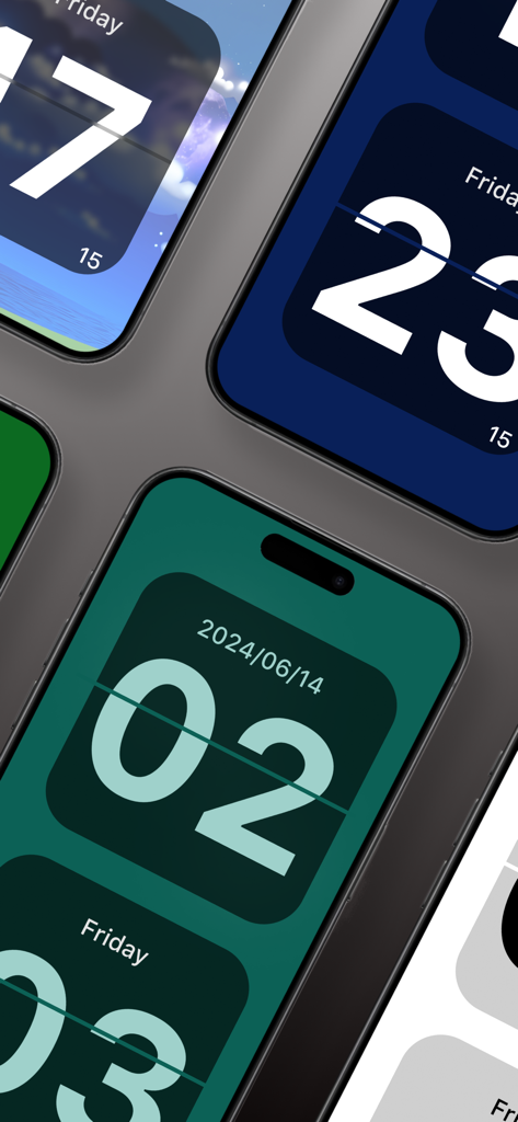 Flip Clock - Display Time Pro - Collage of iPhone screens showing various colorful and aesthetic flip clock themes