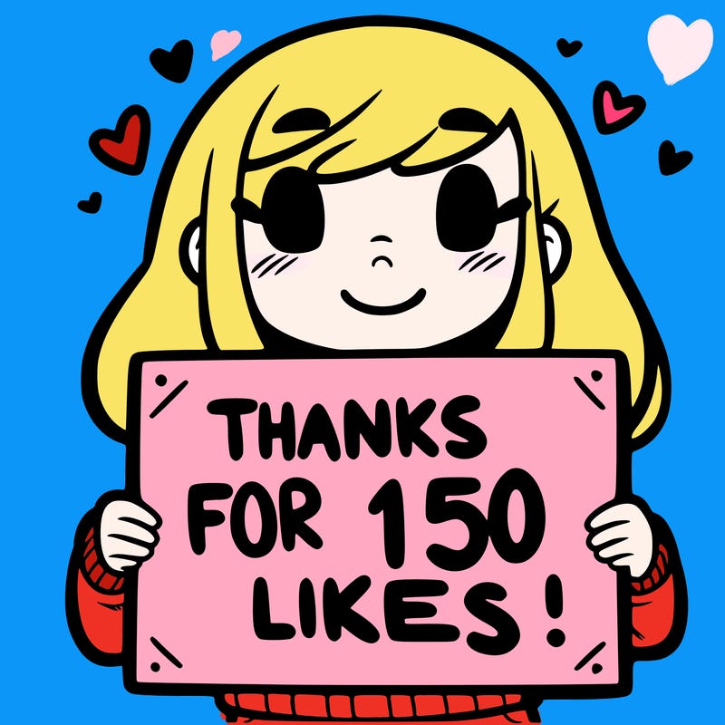 girl holding a sign that says "thanks for 150 likes! "