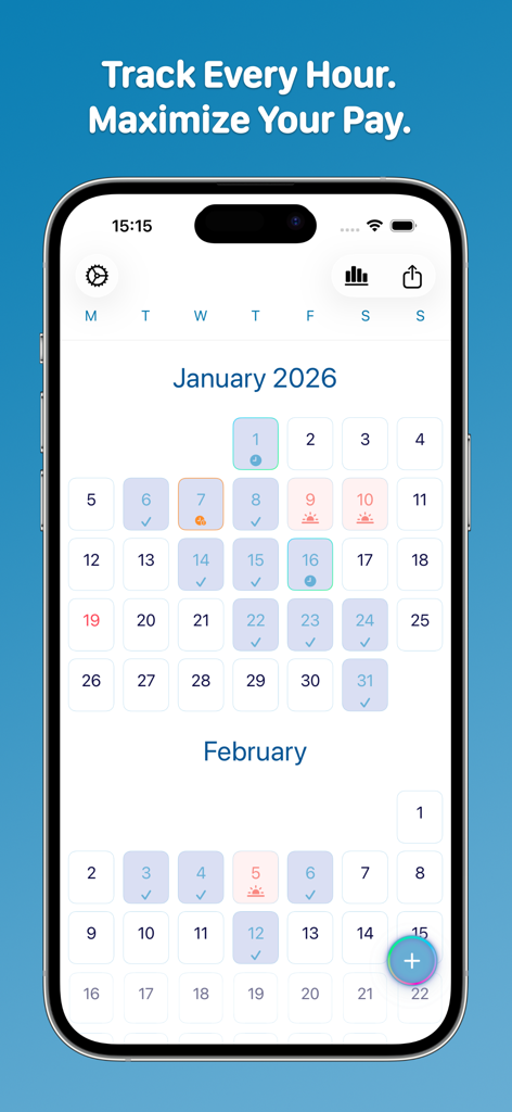 WorkCount - Shift Calendar - Vista del calendario de la aplicación WorkCount en un iPhone que muestra los turnos registrados y el horario de trabajo para enero de 2026