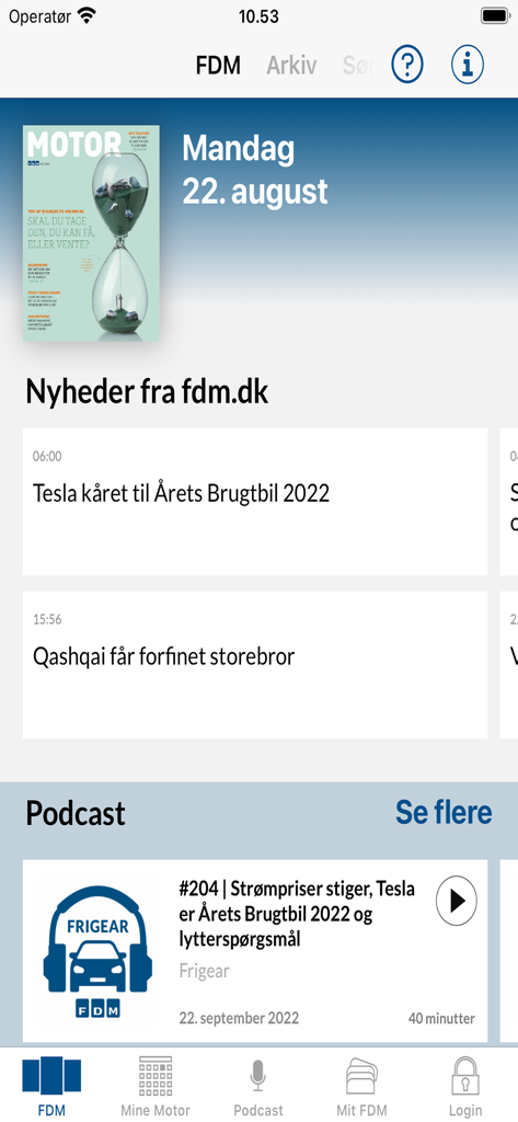 FDM - Motor - Interface of the FDM Motor app showing automotive news and car related podcasts