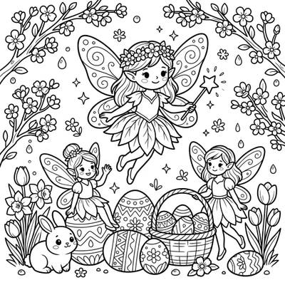 Discover an enchanting Easter scene where delicate Dewdrop Fairies flutter among spring blossoms and decorated eggs. This delightful coloring page invites you to bring a touch of magic to your holiday celebration.
