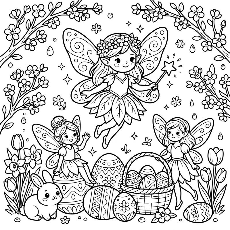Discover an enchanting Easter scene where delicate Dewdrop Fairies flutter among spring blossoms and decorated eggs. This delightful coloring page invites you to bring a touch of magic to your holiday celebration.