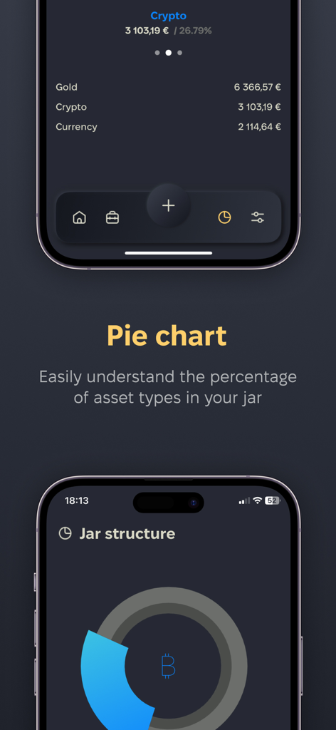 Savings tracker for big goals - Mobile app screen showing a pie chart breakdown of savings in crypto gold and currency assets