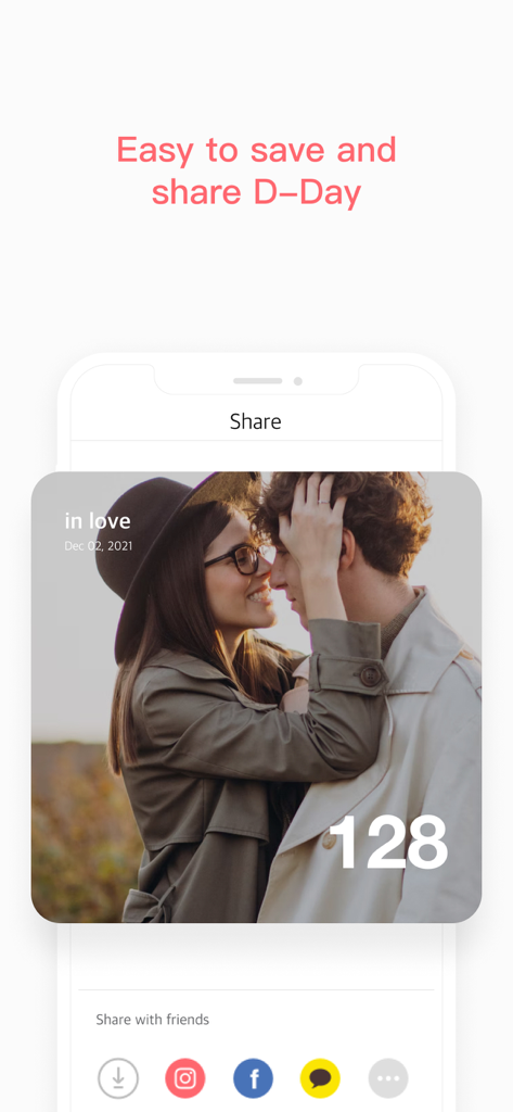 Mobile screen displaying a couple anniversary photo with a 128 day count and options to share on social media