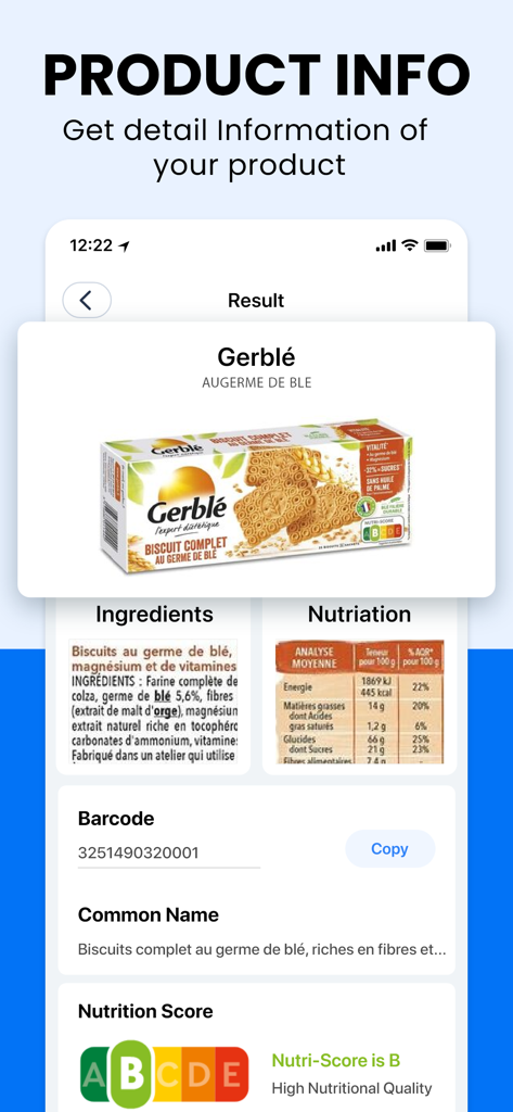 QR Scanner app screen displaying product ingredients and nutrition score for a scanned item
