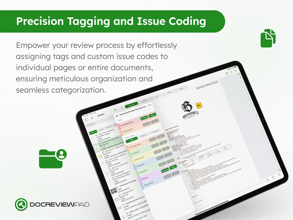 DocReviewPad - Review Docs - DocReviewPad interface on iPad showing legal document tagging and issue coding options