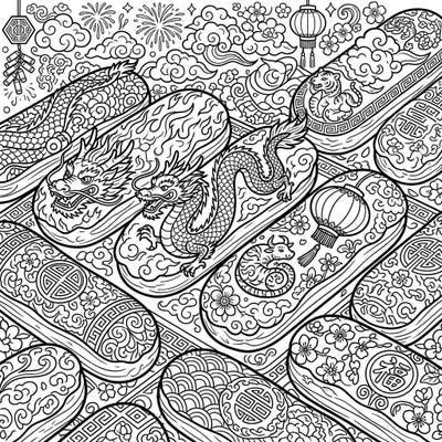 Dive into the festive spirit of Lunar New Year with this unique coloring page featuring beautifully decorated eclairs. Discover intricate designs of dragons, zodiac animals, and traditional Asian patterns, ready for your creative touch.