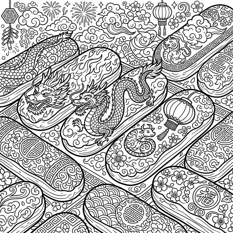 Dive into the festive spirit of Lunar New Year with this unique coloring page featuring beautifully decorated eclairs. Discover intricate designs of dragons, zodiac animals, and traditional Asian patterns, ready for your creative touch.