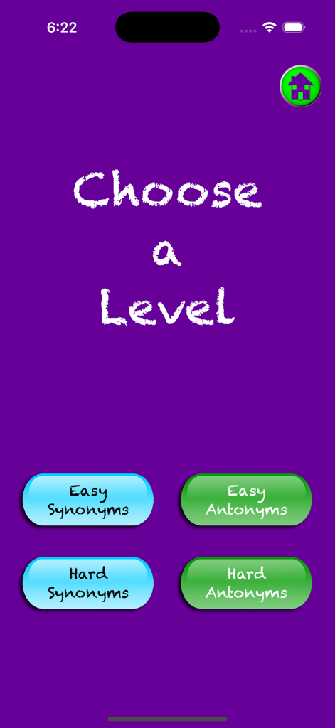 The level selection screen of the Brainy Skills Synonym Antonym app showing easy and hard options for synonyms and antonyms.