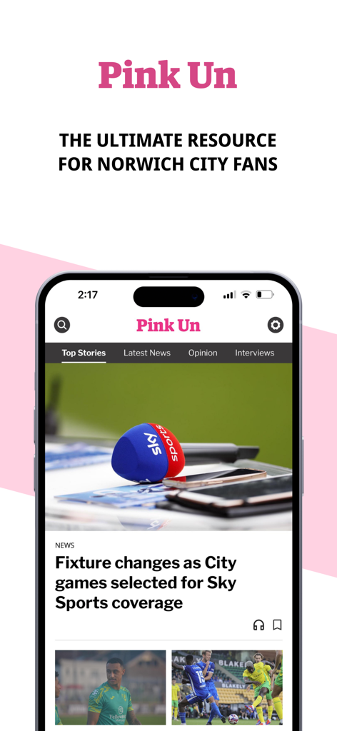The Pink Un - Pink Un mobile app interface showing Norwich City Football Club news and top stories