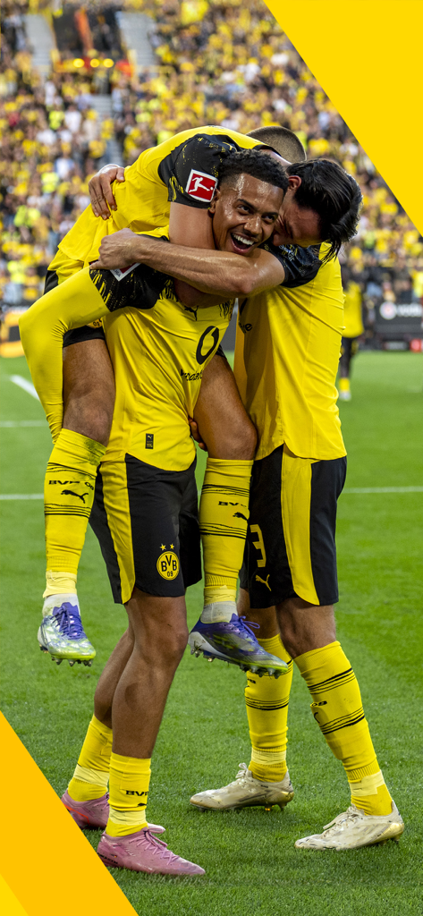 BVB - Spieler von Borussia Dortmund in gelb-schwarzen Trikots jubeln über ein Tor auf dem Fußballplatz