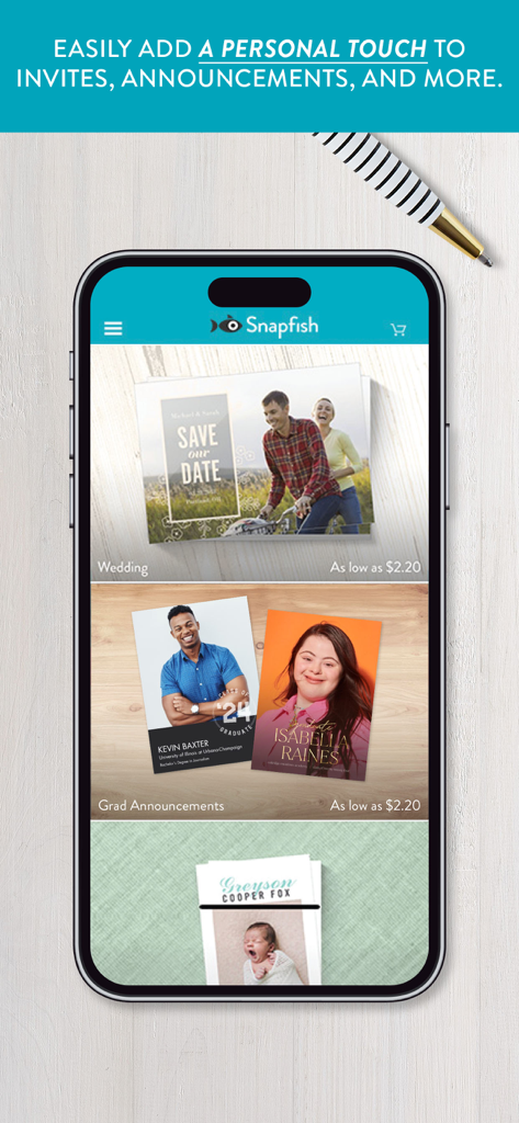 Snapfish mobile app interface displaying options for personalized wedding invites and graduation announcements