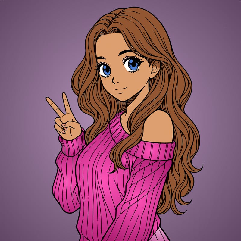 a girl with long hair. make only from her waist up showing and she is wearing g a sweater the is half off her shoulder. she needs to hold one peace sign. make her have no mouth, only have eyes. make her whole body facing the camera. and no black hair.