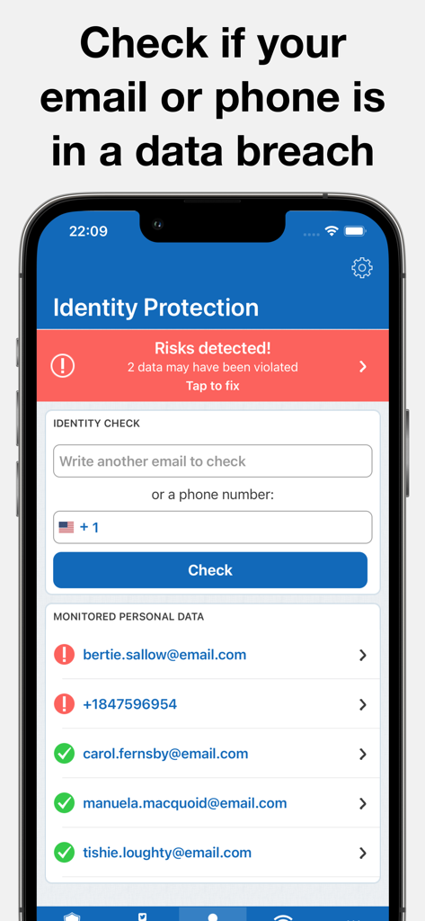 Identity protection screen in the MyTop Mobile Security AI app showing data breach alerts for email and phone numbers.