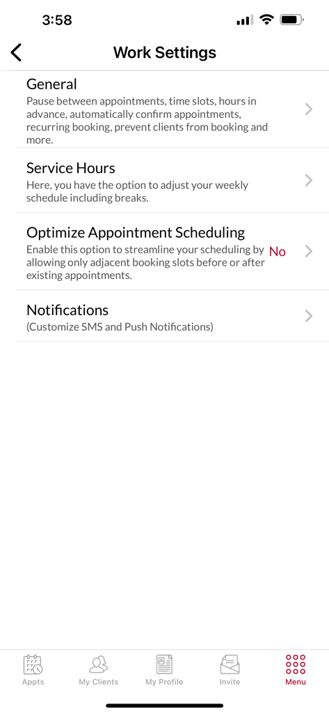 Ring My Barber: Booking App - The Work Settings screen of the Ring My Barber app displaying options for service hours, appointment optimization, and notifications.