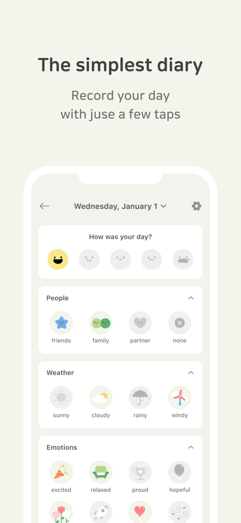 DailyBean - simplest journal - DailyBean app interface showing a simple daily record with mood beans and category icons for people, weather, and emotions.