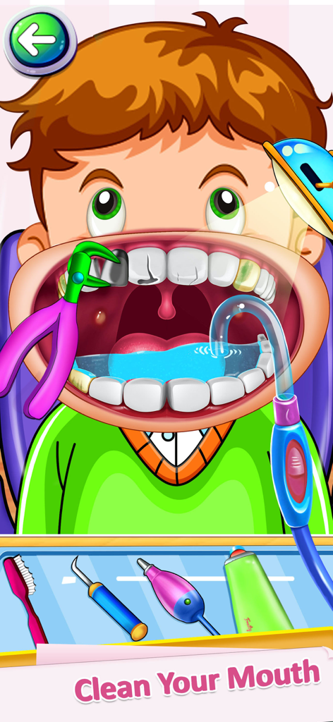 Cartoon patient receiving dental treatment in a kids doctor game