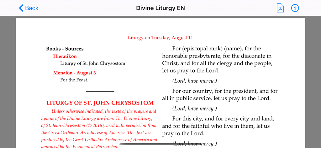 Digital Chant Stand - The English text of the Divine Liturgy of St. John Chrysostom displayed within the Digital Chant Stand app for mobile devices.
