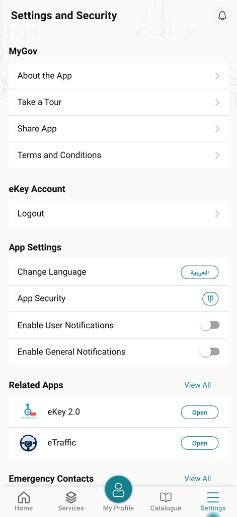 Tela de Configurações e Segurança do aplicativo móvel MyGov Bahrein mostrando gerenciamento de conta e preferências de notificação