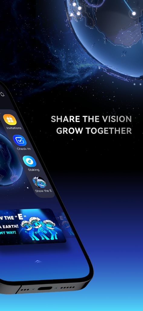 Interfaz de la aplicación ME Pass mostrando funciones de staking e invitación sobre un fondo futurista.