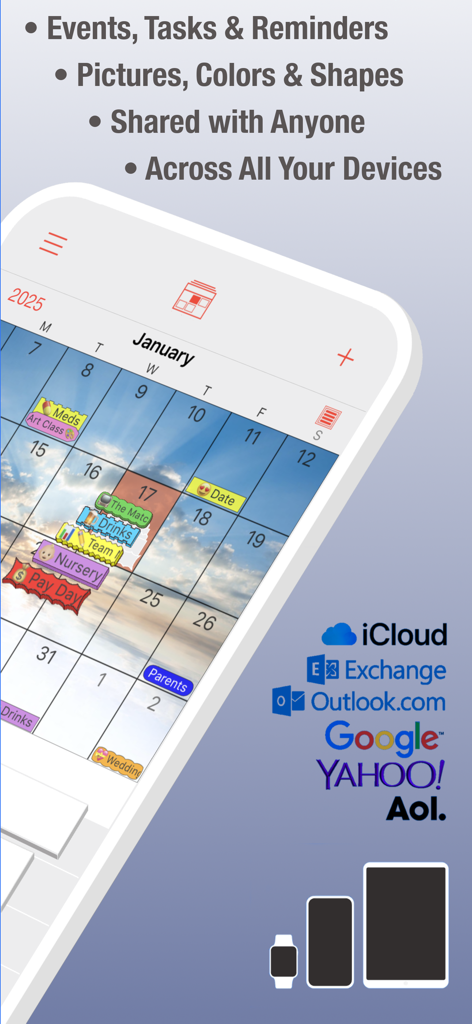 PocketLife Calendar - Interfaccia dell'app PocketLife Calendar che mostra etichette di eventi personalizzabili e integrazioni di sincronizzazione cloud con iCloud e Google