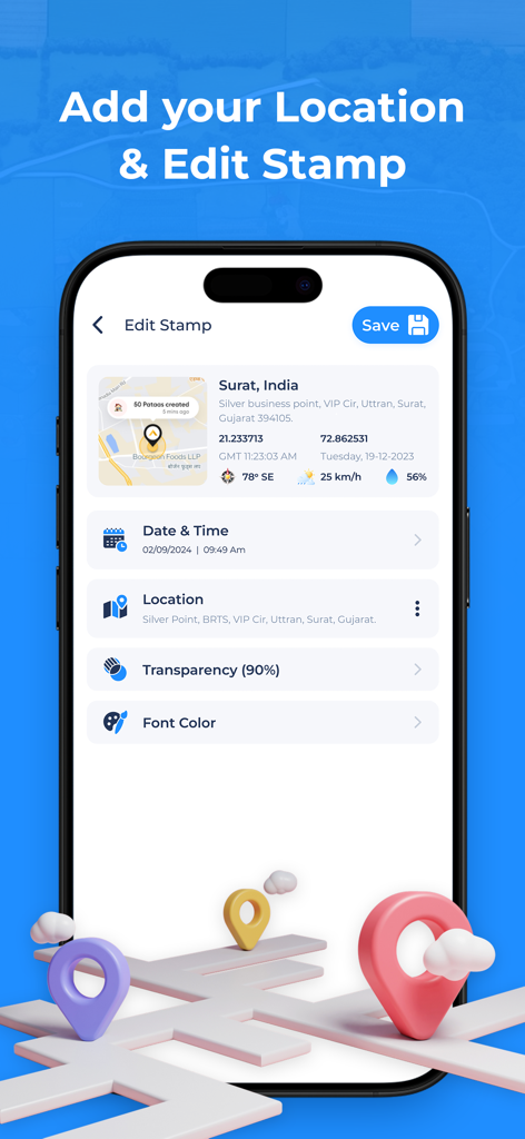 GPS Fields Area Measure App - Uma tela de celular mostrando opções para editar um carimbo de localização GPS, incluindo data, hora e coordenadas