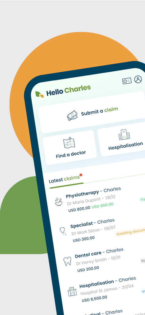 APRIL International Easy Claim - Mobile app interface showing healthcare claim submission and latest medical claims history