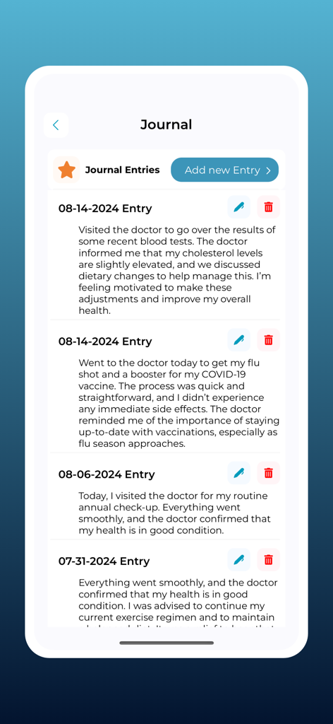 A screen from the My Journal Med app showing a list of personal medical journal entries with notes on doctor visits and vaccinations